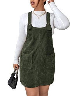 Women's Plus Size Corduroy Overall Dress Straps Pinafore Short Dress with Pockets