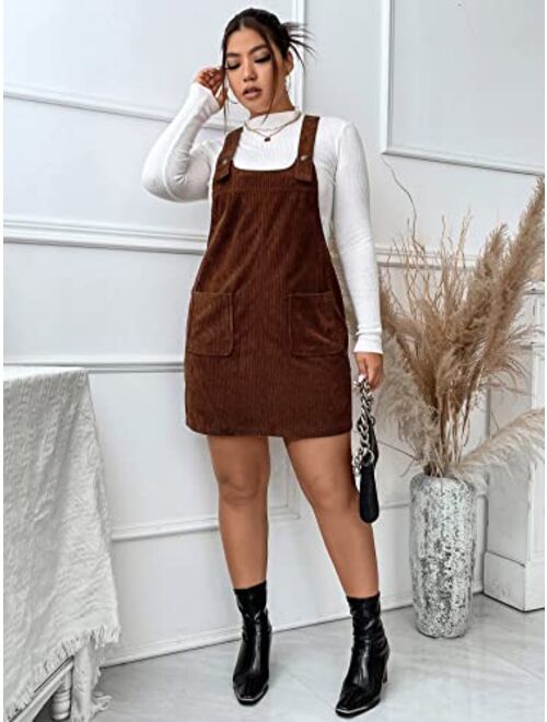 MakeMeChic Women's Plus Size Corduroy Overall Dress Straps Pinafore Short Dress with Pockets