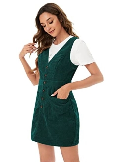 Women's V Neck Sleeveless Corduroy Button Pinafore Overall Mini Dress