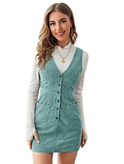 Women's V Neck Sleeveless Corduroy Button Pinafore Overall Mini Dress