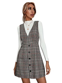 Women's V Neck Sleeveless Corduroy Button Pinafore Overall Mini Dress