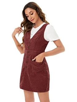 Women's V Neck Sleeveless Corduroy Button Pinafore Overall Mini Dress