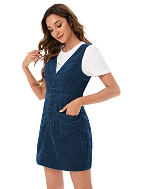 Floerns Women's V Neck Sleeveless Corduroy Button Pinafore Overall Mini Dress