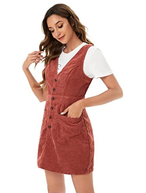 Floerns Women's V Neck Sleeveless Corduroy Button Pinafore Overall Mini Dress