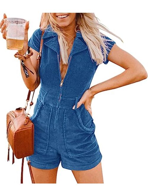 Jeanewpole1 Women's Summer Corduroy Rompers Short Sleeve Zip Up Cute Short Jumpsuits with Pockets