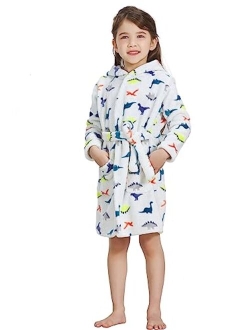 ECHERY Boys Girls Robe Hooded Bathrobe Toddler Robes Soft Coral Fleece Pajamas Unisex Dressing Gown for Kids