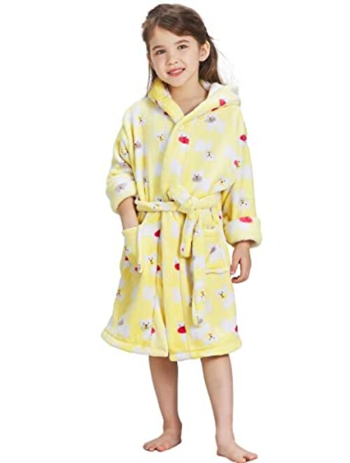 ECHERY Boys Girls Robe Hooded Bathrobe Toddler Robes Soft Coral Fleece Pajamas Unisex Dressing Gown for Kids