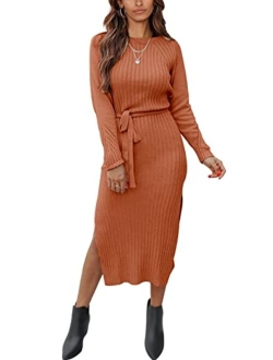 Women's Long Sleeve Crewneck Two Side Slit Tie Waist Slim Fit Sweater Dress Ribbed Knit Bodycon Midi Dress