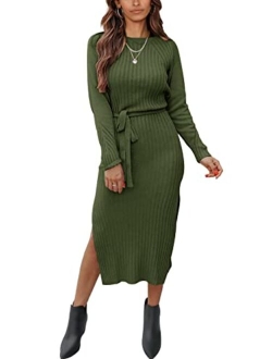 Women's Long Sleeve Crewneck Two Side Slit Tie Waist Slim Fit Sweater Dress Ribbed Knit Bodycon Midi Dress