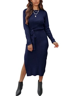 Women's Long Sleeve Crewneck Two Side Slit Tie Waist Slim Fit Sweater Dress Ribbed Knit Bodycon Midi Dress