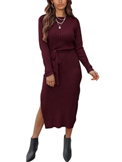 Women's Long Sleeve Crewneck Two Side Slit Tie Waist Slim Fit Sweater Dress Ribbed Knit Bodycon Midi Dress