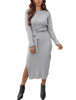 Women's Long Sleeve Crewneck Two Side Slit Tie Waist Slim Fit Sweater Dress Ribbed Knit Bodycon Midi Dress