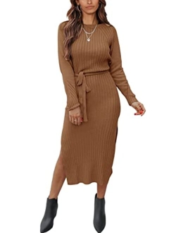 Women's Long Sleeve Crewneck Two Side Slit Tie Waist Slim Fit Sweater Dress Ribbed Knit Bodycon Midi Dress