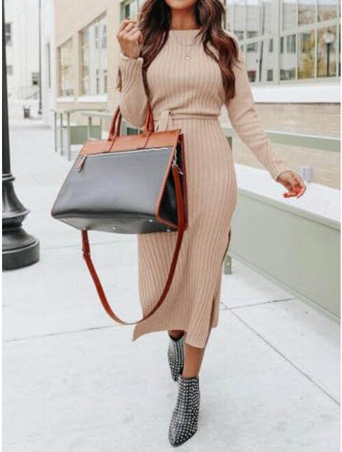 PRETTYGARDEN Women's Long Sleeve Crewneck Two Side Slit Tie Waist Slim Fit Sweater Dress Ribbed Knit Bodycon Midi Dress