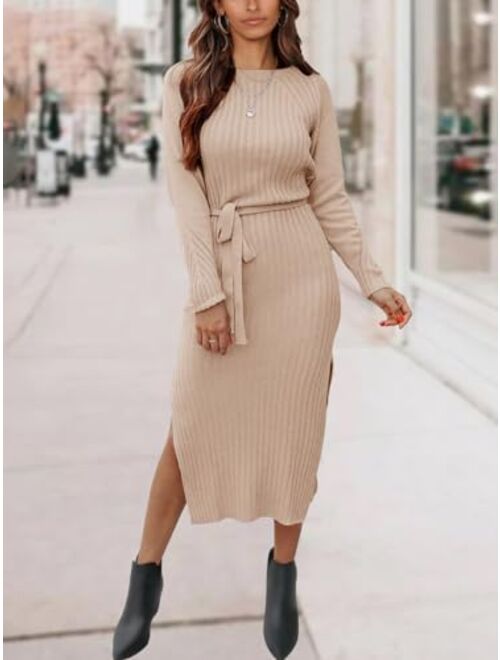 PRETTYGARDEN Women's Long Sleeve Crewneck Two Side Slit Tie Waist Slim Fit Sweater Dress Ribbed Knit Bodycon Midi Dress