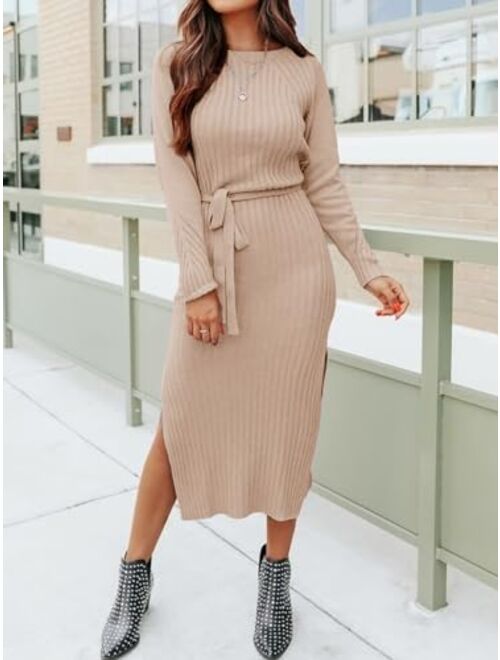 PRETTYGARDEN Women's Long Sleeve Crewneck Two Side Slit Tie Waist Slim Fit Sweater Dress Ribbed Knit Bodycon Midi Dress