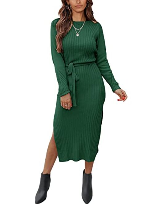 PRETTYGARDEN Women's Long Sleeve Crewneck Two Side Slit Tie Waist Slim Fit Sweater Dress Ribbed Knit Bodycon Midi Dress