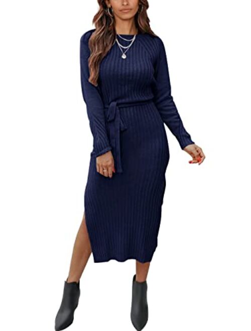 PRETTYGARDEN Women's Long Sleeve Crewneck Two Side Slit Tie Waist Slim Fit Sweater Dress Ribbed Knit Bodycon Midi Dress