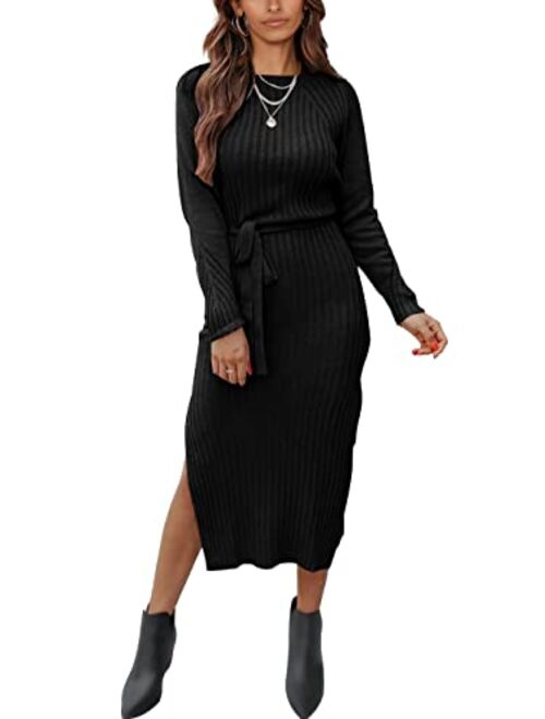 PRETTYGARDEN Women's Long Sleeve Crewneck Two Side Slit Tie Waist Slim Fit Sweater Dress Ribbed Knit Bodycon Midi Dress