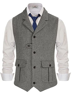 Men's Herringbone Tweed Suit Vest Casual Wool Blend Waistcoat