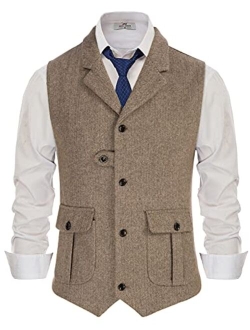 Men's Herringbone Tweed Suit Vest Casual Wool Blend Waistcoat