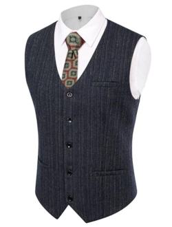 Men's Herringbone Tweed Suit Vest Casual Wool Blend Waistcoat