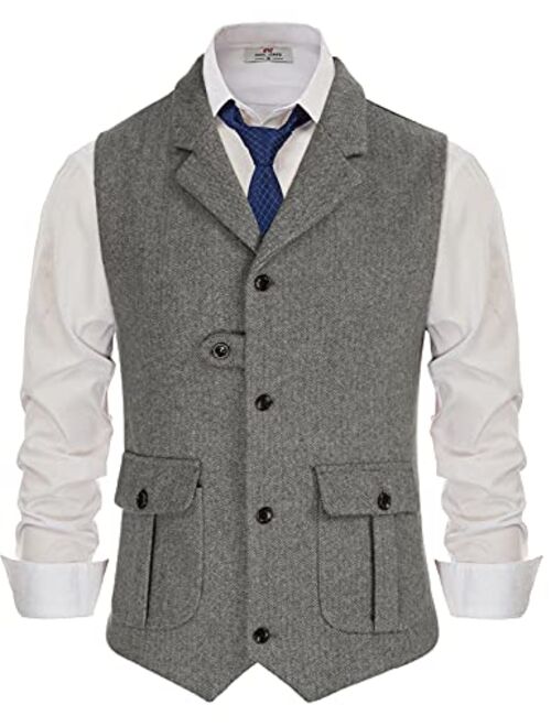 PJ PAUL JONES Men's Herringbone Tweed Suit Vest Casual Wool Blend Waistcoat