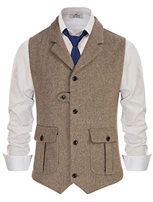 PJ PAUL JONES Men's Herringbone Tweed Suit Vest Casual Wool Blend Waistcoat