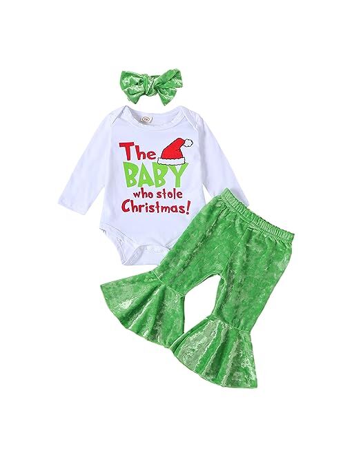 Muasaaluxi Newborn Baby Girl Christmas Outfit The Baby Who Stole Christmas Romper Onesie Flared Pants Headband Set 0-18M