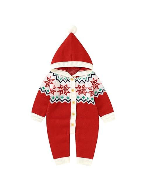 Wugugu Newborn Christmas Baby Girl Boy Hooded Romper Unisex Infant Long Sleeve Knitted Jumpsuit One Piece Warm Outfits