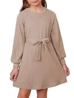 KIDS Girls Fall Long Sleeve Textured Dress Casual Crewneck Belted A Line Dresses 7-15 Years