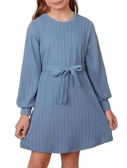 KIDS Girls Fall Long Sleeve Textured Dress Casual Crewneck Belted A Line Dresses 7-15 Years