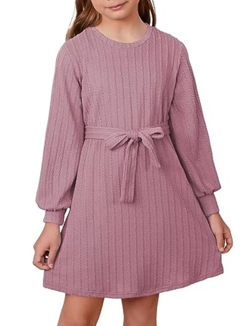 DOKOTOO KIDS Girls Fall Long Sleeve Textured Dress Casual Crewneck Belted A Line Dresses 7-15 Years