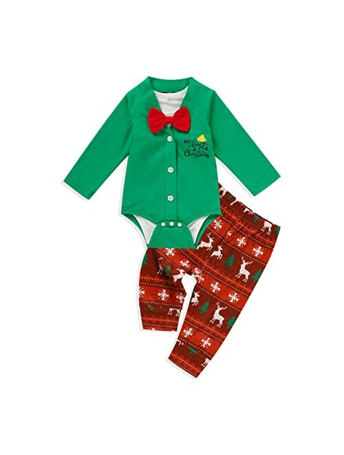 Sinhoon Baby Boy My First Christmas Outfits Newborn Infant Baby Long Sleeve Bowknot Romper + Pants Set 3Pcs Gentleman Clothes