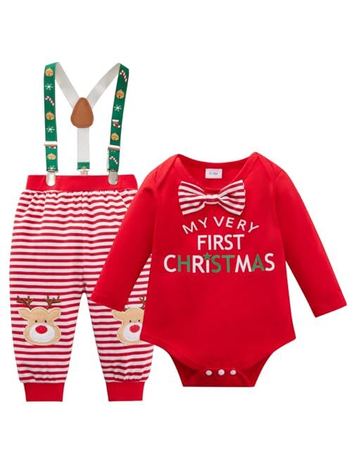 Bobora Baby Christmas Outfit Newborn Baby Girl Boy First Christmas Bowtie Strap Romper and Pants Outfits