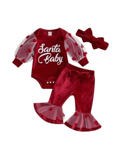 Wrrkayly Newborn Baby Girls My 1st Christmas Outfit Letter Long Sleeve Romper Tops Velvet Flared Pants Santa Hat 3pcs Clothes