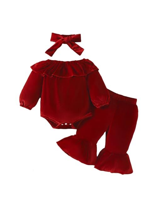 Wrrkayly Newborn Baby Girls My 1st Christmas Outfit Letter Long Sleeve Romper Tops Velvet Flared Pants Santa Hat 3pcs Clothes