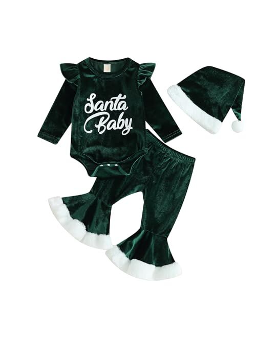 Wrrkayly Newborn Baby Girls My 1st Christmas Outfit Letter Long Sleeve Romper Tops Velvet Flared Pants Santa Hat 3pcs Clothes