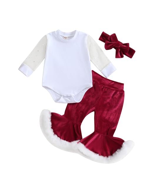 Wrrkayly Newborn Baby Girls My 1st Christmas Outfit Letter Long Sleeve Romper Tops Velvet Flared Pants Santa Hat 3pcs Clothes