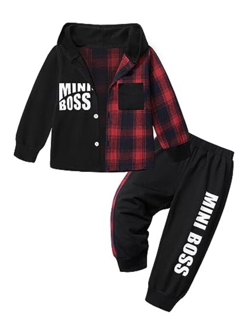 KANGKANG Toddler Boy Clothes Plaid Long Sleeve Hoodie Sweatshirt+MINI BOSS Pants Fall Winter Outfits