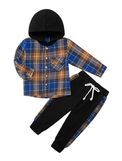 Weixinbuy Kid Toddler Boy Clothes Flannel Plaid Hoodied Tops +Casual Pants Boys Fall Winter Outfits