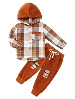 Weixinbuy Kid Toddler Boy Clothes Flannel Plaid Hoodied Tops +Casual Pants Boys Fall Winter Outfits