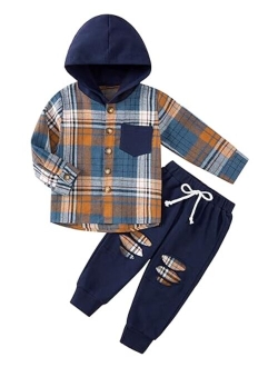 Weixinbuy Kid Toddler Boy Clothes Flannel Plaid Hoodied Tops +Casual Pants Boys Fall Winter Outfits