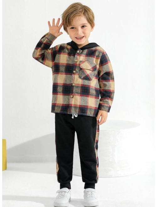 Weixinbuy Kid Toddler Boy Clothes Flannel Plaid Hoodied Tops +Casual Pants Boys Fall Winter Outfits