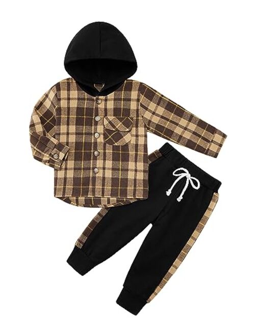 Weixinbuy Kid Toddler Boy Clothes Flannel Plaid Hoodied Tops +Casual Pants Boys Fall Winter Outfits