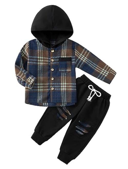 Weixinbuy Kid Toddler Boy Clothes Flannel Plaid Hoodied Tops +Casual Pants Boys Fall Winter Outfits