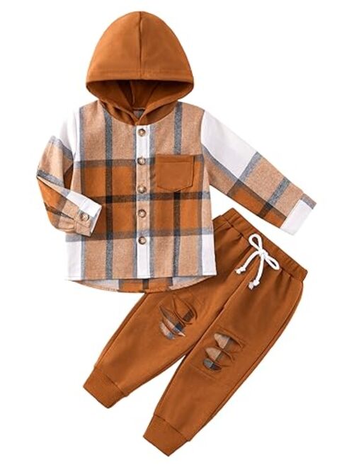 Weixinbuy Kid Toddler Boy Clothes Flannel Plaid Hoodied Tops +Casual Pants Boys Fall Winter Outfits