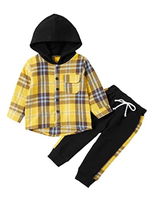 Weixinbuy Kid Toddler Boy Clothes Flannel Plaid Hoodied Tops +Casual Pants Boys Fall Winter Outfits