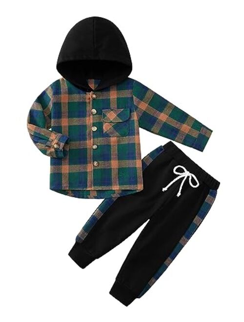 Weixinbuy Kid Toddler Boy Clothes Flannel Plaid Hoodied Tops +Casual Pants Boys Fall Winter Outfits