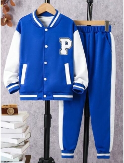 SHEIN Kids Academe Boys Letter Graphic Bomber Jacket & Pants